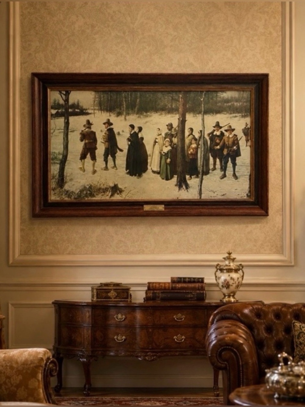 HUGE Pilgrims Going To Church Original Vintage 1950’s Framed Fine Art NYHS Print